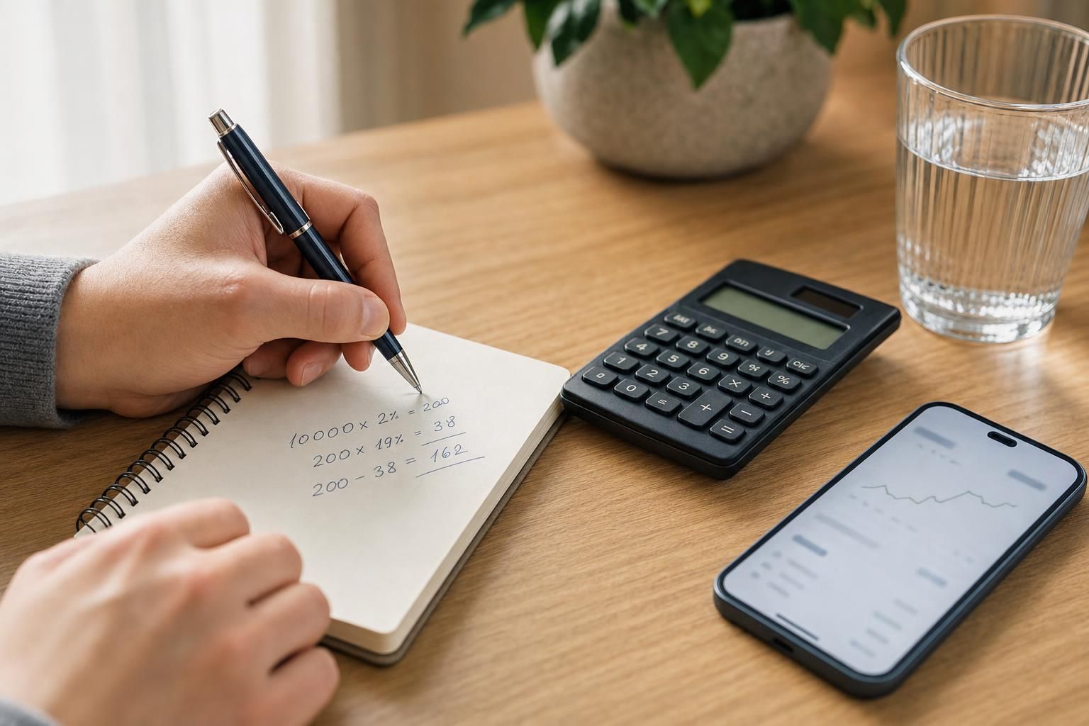 Kalkulator, notes i smartfon na stole podczas obliczania podatku od lokaty