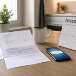 List urzędowy, telefon i kalendarz na blacie symbolizują oczekiwanie na zwrot podatku