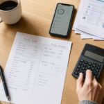 Rzut z góry na stół z kalkulatorem, rachunkami i dłonią osoby liczącej budżet do kredytu.