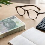Banknoty, kalkulator i dokument bankowy na jasnym stole w naturalnym świetle