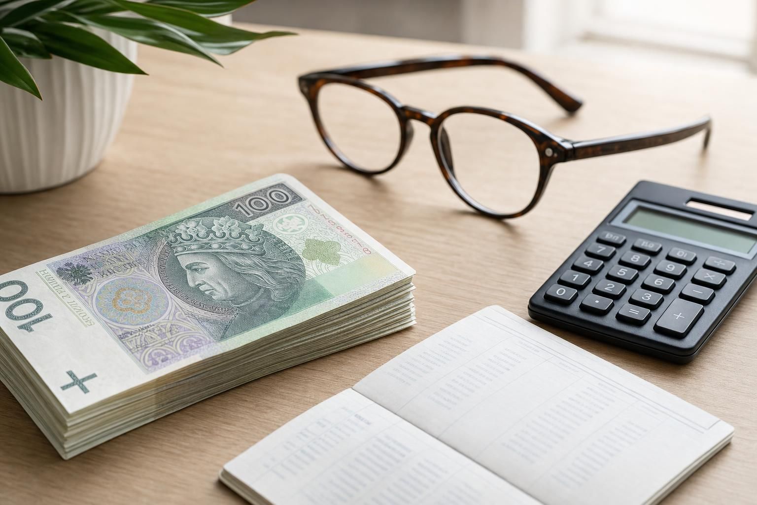 Banknoty, kalkulator i dokument bankowy na jasnym stole w naturalnym świetle