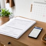Dokumenty podatkowe i smartfon na stoliku, w tle kalendarz z zaznaczoną datą.