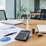 Dokumenty finansowe, kalkulator i monety na stole w nowoczesnej sali spotkań.