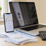 Smartfon z niewyraźnym wynikiem kredytowym obok rachunków i kalkulatora na jasnym stole.