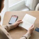Osoba porównuje telefon i dokumenty bankowe przy jasnym stole w domu.